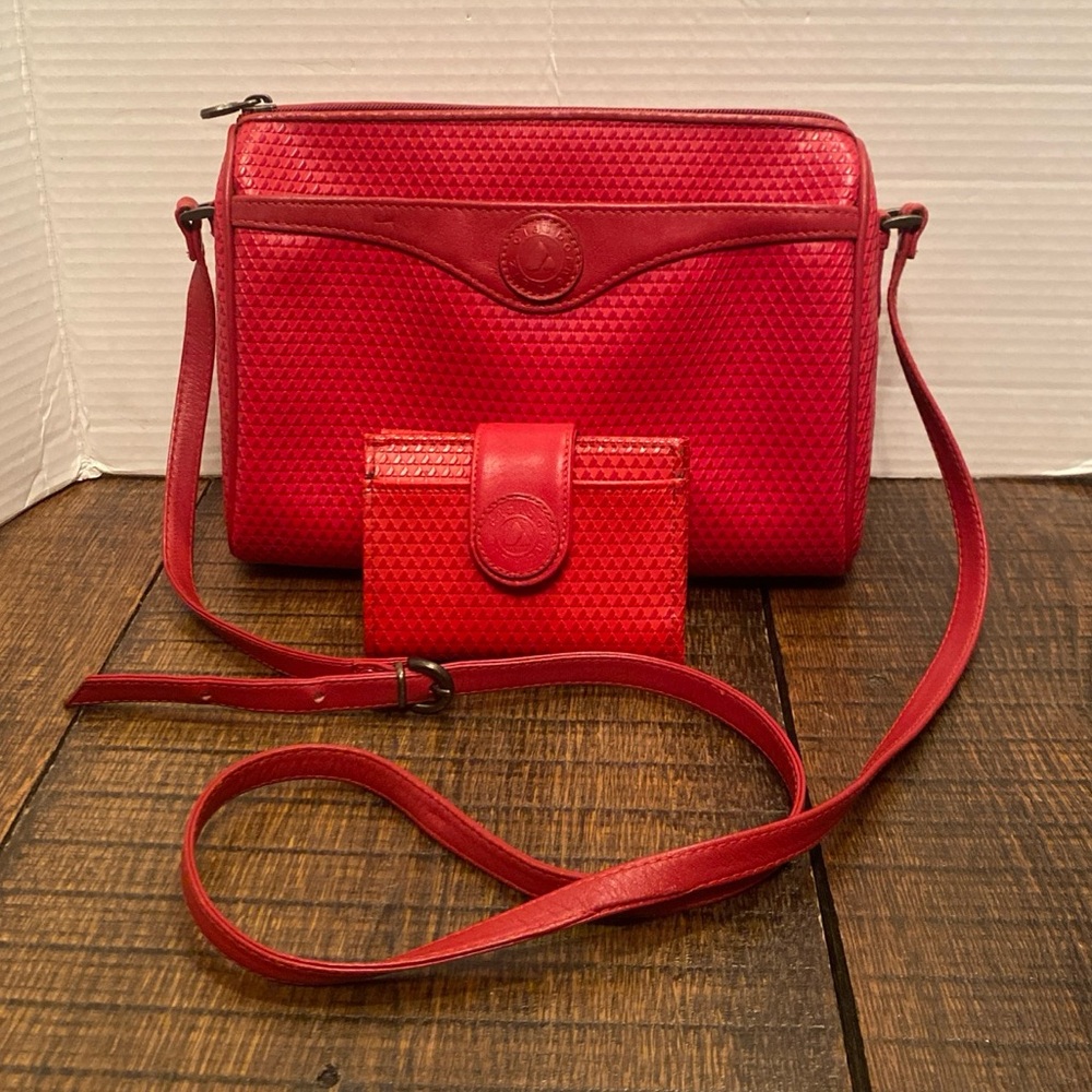 VINTAGE 1983 Liz Claiborne Red Leather Crossbody Bag and Matching Wallet
